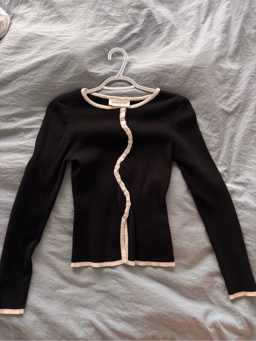 Black Button-Front Long-Sleeve Top with Cream Trim